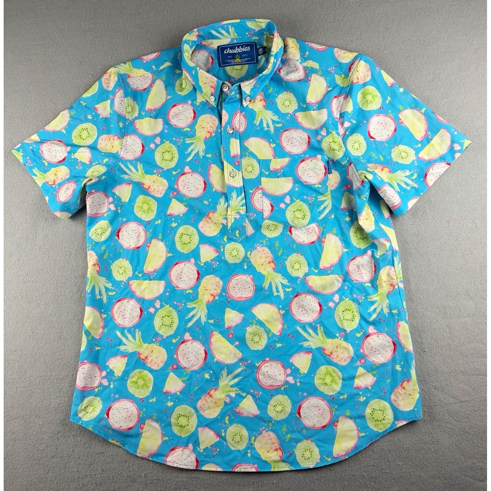 Chubbies Tropical Fruit Print Performance Button Up Shirt Blue Men's Large
